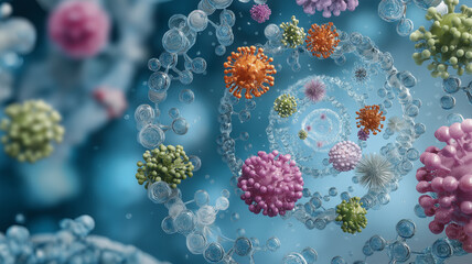 Poster - Colorful abstract representation of viruses and cells spiral pattern, symbolizing scientific research and innovation biotechnology. vibrant colors and intricate details evoke sense of complexity