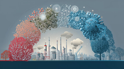 Poster - Vibrant illustration depicts transition from industrial pollution to cleaner, sustainable environment, symbolized by colorful trees and molecular structures. scene conveys hope and innovation