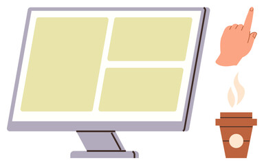 Poster - Monitor displaying organized layout, hand pointing or scrolling, steaming coffee cup. Ideal for productivity, technology, remote work, digital tools, user interface focus work-life balance. Clean