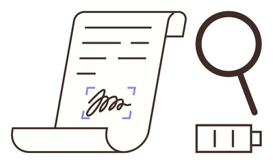Poster - Digital signed document with highlighted signature, magnifying glass for review, and battery indicator. Ideal for verification, approval, technology, efficiency, analysis, remote work simple flat