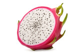Sliced dragon fruit revealing creamy white interior dotted with dark seeds, resting against clean transparent backdrop