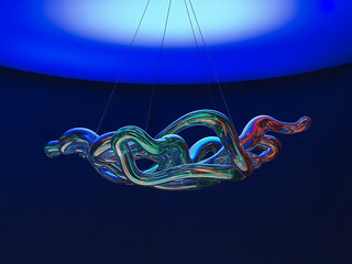 Poster - Iridescent glass sculpture hangs from a blue ceiling