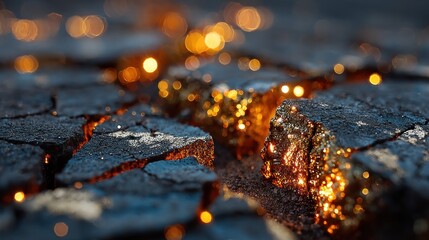 Poster - Glowing golden fissures in dark stone abstract background texture