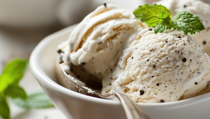 Aufkleber - Close-up of a bowl of creamy vanilla ice cream with cookie and mint garnish in a rustic setting, detailed texture and fresh appearance