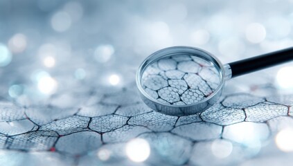 Poster - Close-up of laboratory glassware with a scientific solution and hexagonal molecular structure model on a blurred sparkling background