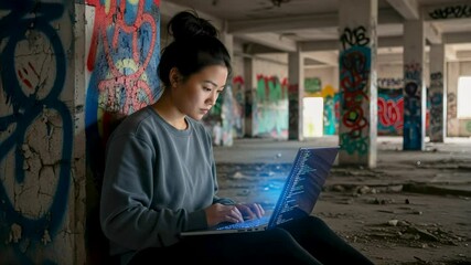 Professional software developer coding intently on laptop inside abandoned graffiti-covered building, embodying digital innovation and remote work culture