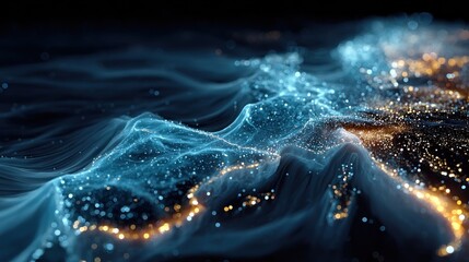 Poster - Glowing particle waves abstract blue and gold texture background