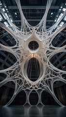 Poster - Explore unique architectural design white string art installation inside building