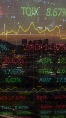 Poster - Animation of financial graphs and data over timelapse with road traffic at sunset