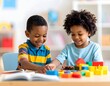 © Hamky - african american boy and girl playing with building blocks at home