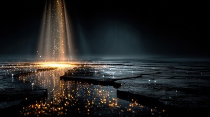 Poster - Golden light particles falling on dark cracked surface abstract background