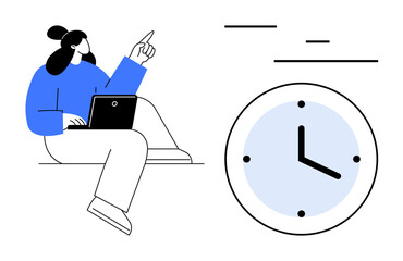 Poster - Woman working on laptop while pointing upward near a large clock with minimalist lines. Ideal for productivity, time tracking, time management, scheduling, remote work, focus, simple landing page