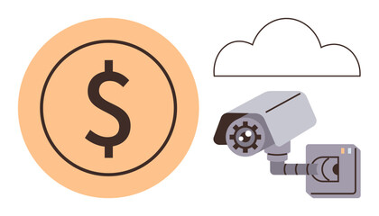 Poster - Security camera aiming towards a cloud and dollar sign, representing economic monitoring, cloud storage, and data protection. Ideal for finance, technology, security, cloud computing, data privacy
