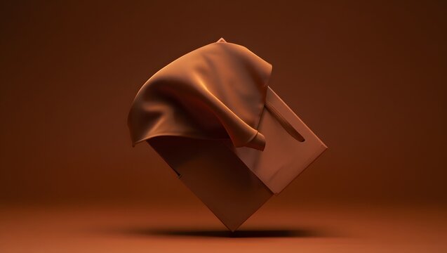Abstract brown cloth draped over cube, studio shot, minimalist design, modern art concept