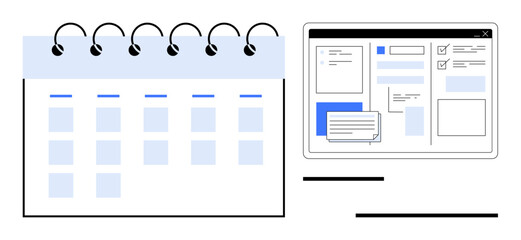 Poster - Spiral-bound calendar and digital task dashboard for productivity tools, scheduling, teamwork, reminders. Ideal for organization, planning, workflow, task tracking, deadlines collaboration simple