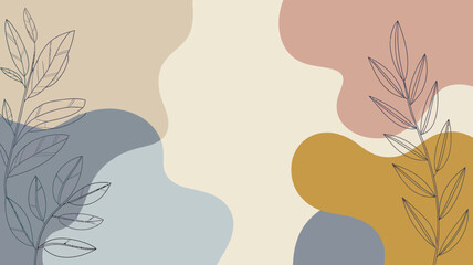 Poster - Abstract background with pastel colors and line art leaves on the corners of the composition