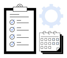 Poster - Clipboard with completed checklist, calendar with marked dates, and gear signify planning, organization, and efficiency. Ideal for productivity, workflow, scheduling, project planning goal setting