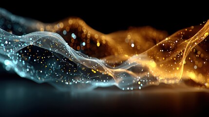 Poster - Luminous teal and gold particle waves abstract background