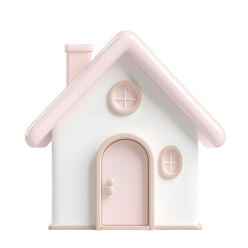Miniature 3d icon architectural model with pink roof, blue door, white walls, standing on transparent background for real estate visualization rendering
