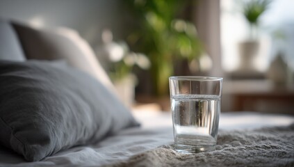 Poster - Minimalist Bedroom Scene with Clear Glass of Water on Bedside Table in Bright Natural Light with Indoor Plants in Background