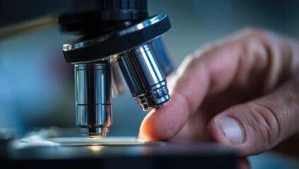 Poster - Detailed close-up of a laboratory microscope with a person's finger adjusting focus in a scientific research setting