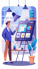 Fototapete - A man is standing in front of a white board with a projector. He is pointing at the board and talking. The board has a lot of information on it, including graphs and pictures