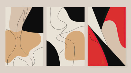 Poster - Triptych of abstract art with beige black and red shapes and lines on a light beige background color palette