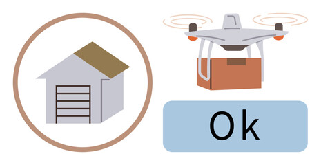 Poster - Drone carrying a package toward a house with a garage. Status marked as Ok. Ideal for logistics, automation, technology, delivery service, innovation, e-commerce shipping. Simple flat metaphor