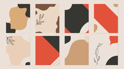 Poster - A set of eight abstract art cards featuring organic shapes and botanical line drawings in neutral tones