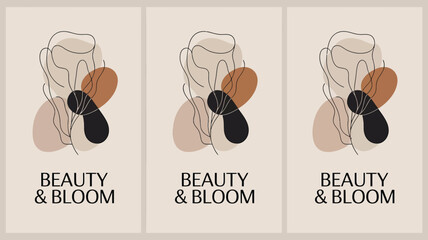 Poster - Three identical posters featuring abstract floral art with beauty and bloom text displayed below