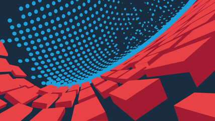 Poster - Abstract background with red rectangular shapes and a grid of blue circles in a perspective view