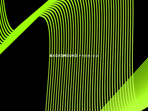 Background pattern of bright green neon stripes that curve and wavy dynamically on a black background, creating an effect of movement and modernity.