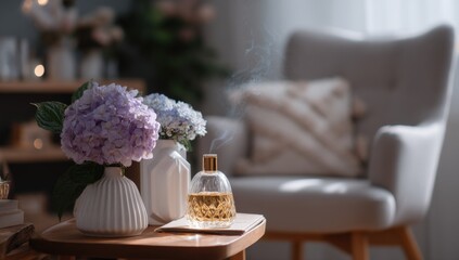Poster - Cozy living room interior with soft natural lighting, elegant armchair, decorative throw pillow, floral arrangement, and modern decorative accessories