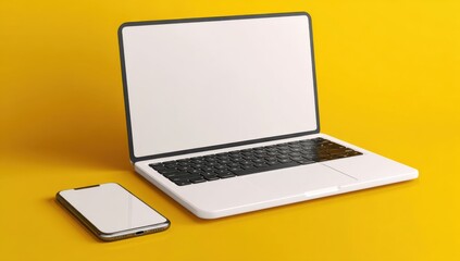 Poster - Modern open laptop computer with blank white screen and smartphone on bright yellow background for technology and digital device concept