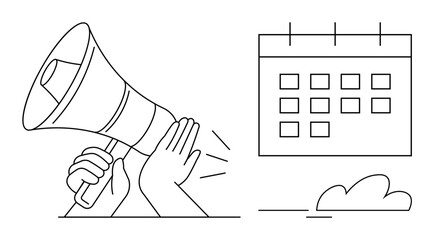 Poster - Hands holding megaphone emitting sound waves next to marked calendar and cloud element. Ideal for marketing, event planning, time management, advertisement strategy, communication, deadline tracking