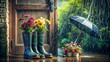 ©  Sarimo graFX - Colorful flowers in rain boots by a wooden door with an umbrella