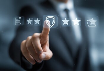 Aufkleber - Businessman in suit interacts with digital customer service interface showing a shield emblem and star ratings in a modern office setting