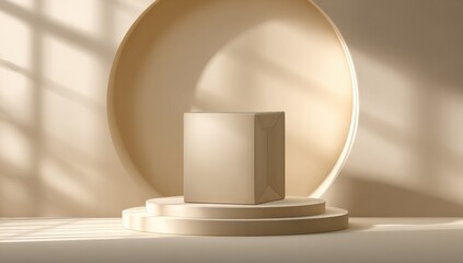 Fototapete - Minimalist beige geometric shelf display with shadows and light patterns in modern interior design setup for product presentation