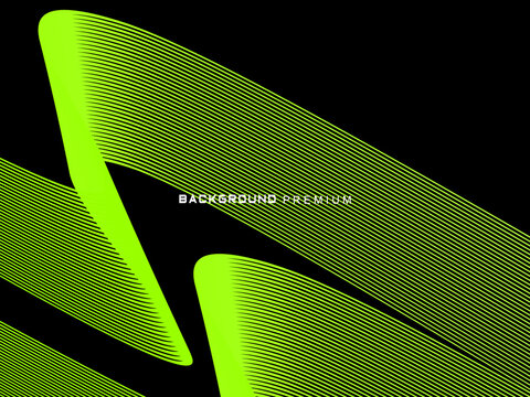 Background pattern of bright green neon stripes that curve and wavy dynamically on a black background, creating an effect of movement and modernity.