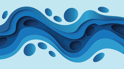 Poster - Abstract blue layered paper cut design with wavy shapes and floating circles on a light blue background