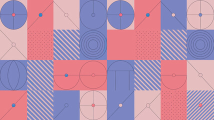 Poster - Geometric pattern with circles squares lines and dots in blue pink and white creates a modern design