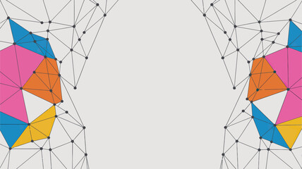 Poster - Geometric design featuring triangles and lines with pink orange blue and yellow shapes on a white background