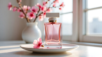 Elegant pink perfume bottle with floral arrangement isolated on a transparent background