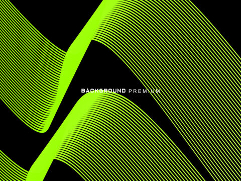 Background pattern of bright green neon stripes that curve and wavy dynamically on a black background, creating an effect of movement and modernity.