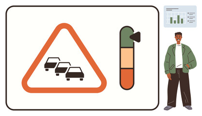 Poster - Traffic congestion warning sign with a red triangle, cars, congestion meter, and a man analyzing a report. Ideal for traffic management, data analysis, navigation systems, warning systems, business