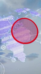 Poster - Animation of missile over connected icons over red circle on globe against cloud sky