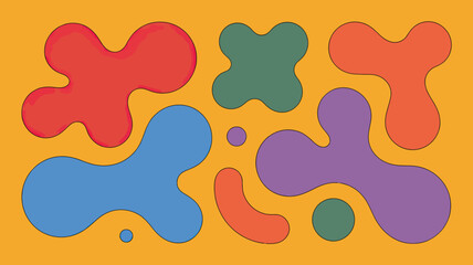 Poster - Abstract pattern with multicolored shapes and circles on a yellow background in a retro style
