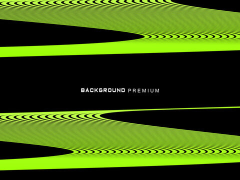 Background pattern of bright green neon stripes that curve and wavy dynamically on a black background, creating an effect of movement and modernity.