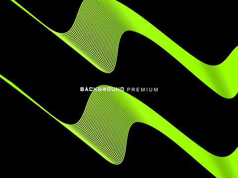 Background pattern of bright green neon stripes that curve and wavy dynamically on a black background, creating an effect of movement and modernity.