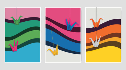 Poster - Three framed origami crane artworks with colorful backgrounds and wavy paper designs on a white background
